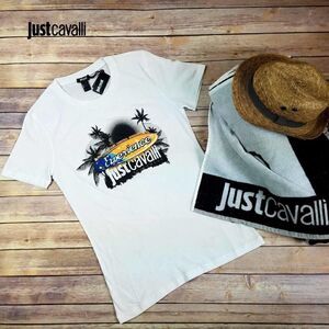 New Just Cavalli Men Designer Fitted White Cotton Graphic T-Shirt US XXS/EU 44